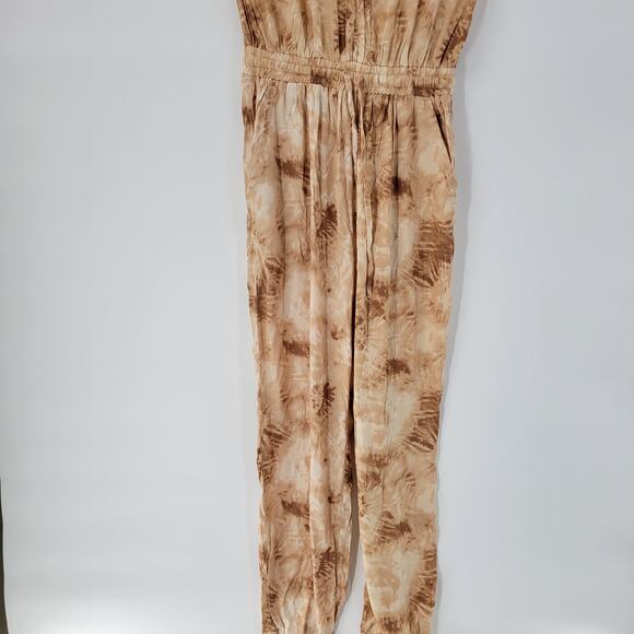 Japna Womens Joggger Jumpsuit M Brown Tie Dye‎ V Neck Boho Keyhole Smocked Waist - Picture 4 of 14